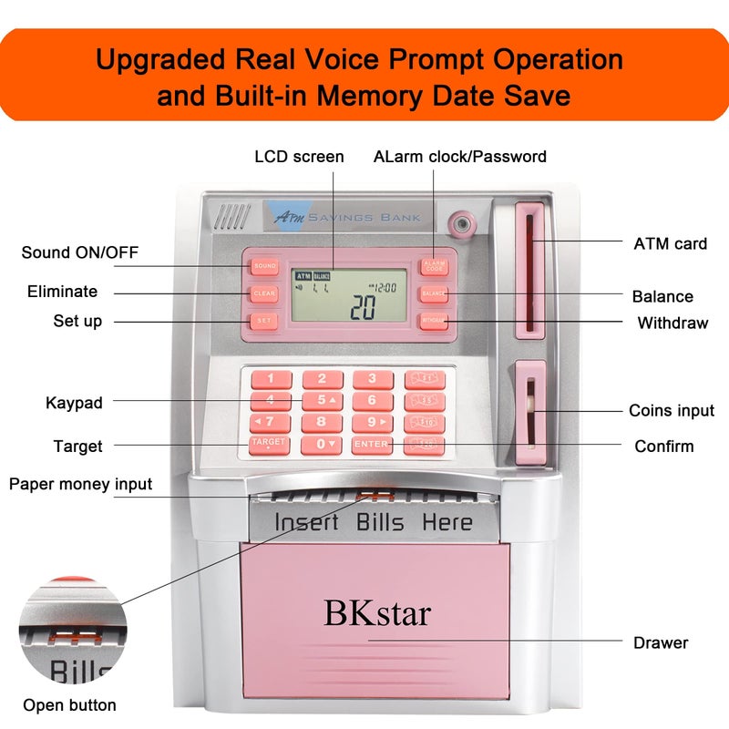BKstar Kids Talking Pink ATM Piggy Bank with Debit Cards, Power-Off Memory, Auto-Opening Drawer for Real Money for Girls, Onekey Shutdown, Bill Feeder, Coin Recognition, Balance Calculator Machine - Image 3